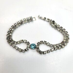 Vintage Rhinestone Bracelet With Blue Gemstone Centerpiece Double Strand LI111